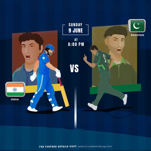 6月9日のインドVsパキスタンプレーヤーチームのクリケットマッチ 広告ポスターデザイン ストックベクター