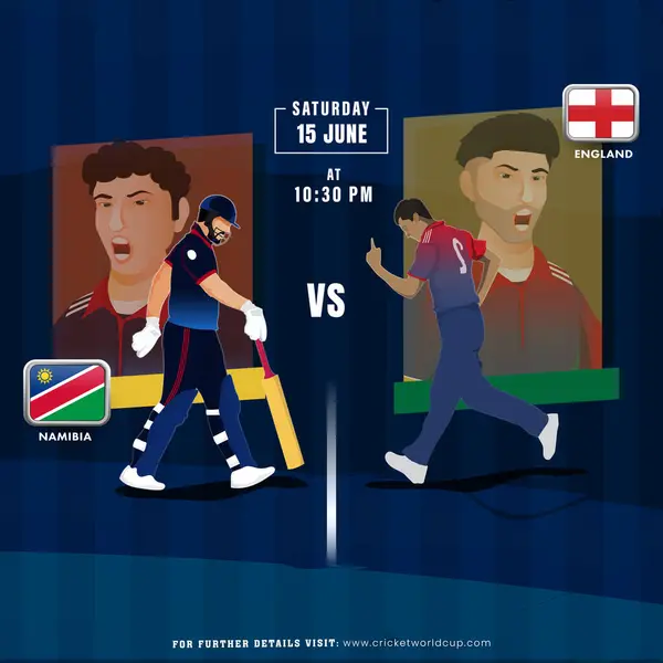 Partido Cricket Entre Namibia Inglaterra Jugador Equipo Diseño Póster Publicidad Ilustración de stock