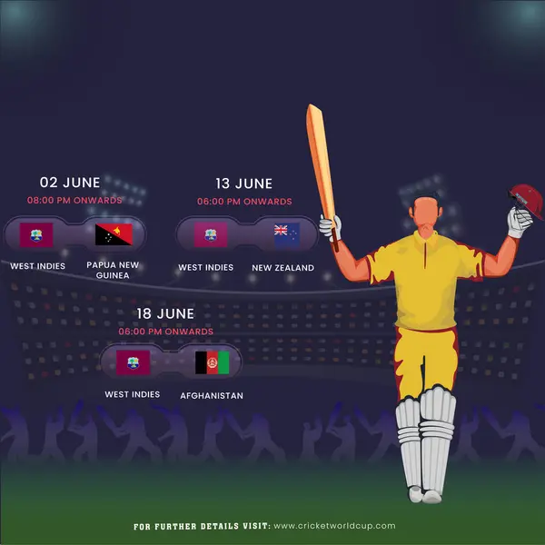 Cricket Match Westindien Fixiert Spielplan Mit Batsman Player Charakter Siegerpose lizenzfreie Stockvektoren