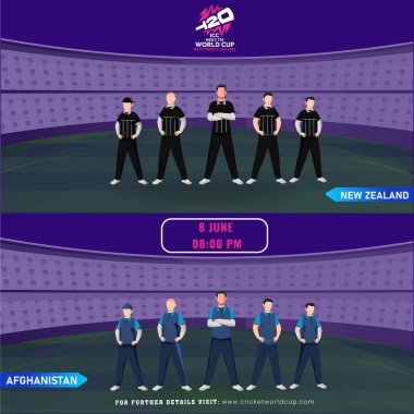 ICC Erkekler T20 Dünya Kupası Batı Hint Adaları ve ABD 2024 Logo tabanlı Poster, Yeni Zelanda - Afganistan Futbol Takımı arasındaki Kriket Maçı Stadyumu.