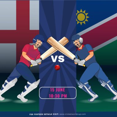 İngiltere ve Namibya takımları arasındaki kriket maçı Ulusal Bayrak Arkaplanı, Reklam Posteri Tasarımı 'nda Vurucu Oyuncular Karakteri.