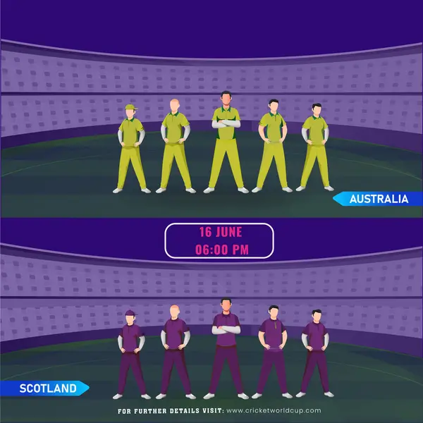 stock vector Cricket Match Between Australia VS Scotland Player Team on Stadium, Advertising Poster Design.