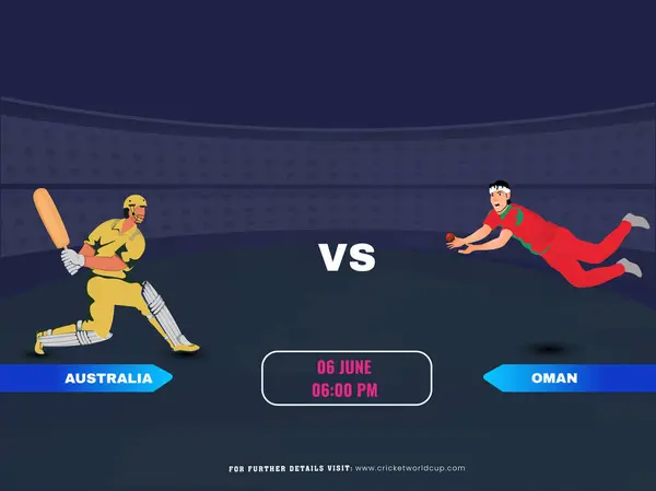 Cricket Match Australia Oman Team Batsman Bowler Player Characters Vectores de stock libres de derechos