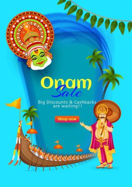 Kral Mahabali, Kathakali dansçı yüzü ve Aranmula tekne yarışı ile süslenmiş mavi arka planda Büyük İndirim & Nakit Tekne Teknesi tasarımı Onam İndirimi şablonu veya broşürü.