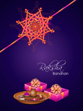 Geleneksel Rakhi Tabağıyla Mutlu Raksha Bandhan Kutlama Kartı Mavi Arkaplanda Hediye Kutuları.