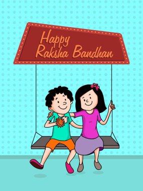 Şirin Hintli Kardeş ve Kız Kardeş, Cyan arka planında Raksha Bandhan 'ı kutladıktan sonra tebrik kartı olarak kullanılabilir..