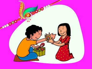 Şirin Hintli Kız Kardeş Rakhi 'yi Kardeşinin Bileğine Mutlu Raksha Bandhan Konsepti için Hediye Kutusuyla Bağlıyor.