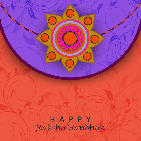 stock vector Happy Raksha Bandhan Greeting Card with Beautiful Flower Rakhi on Orange and Purple Vine Pattern Background.