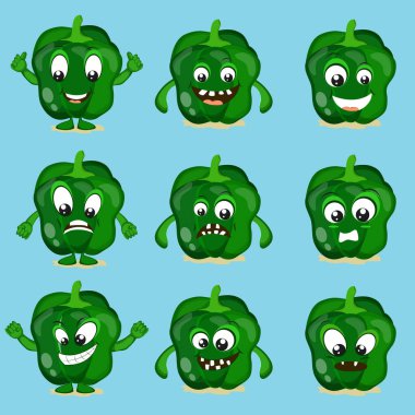 Farklı modlarda çizgi film kapsicumu yüz ifadesi ayarlandı.