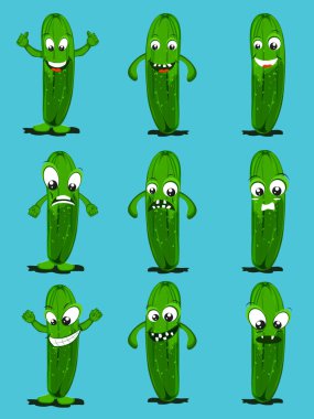 Farklı modlardaki çizgi film salatalıkları yüz ifadesi seti.