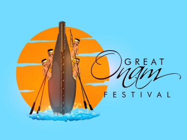 Great Onam Festival Concept with South Indian Men on Snake Boat Illustration on Blue Background. clipart