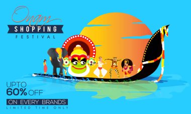 Onam Alışveriş Festivali Poster Tasarımı Mavi Arkaplan 'da Kerala Kültür ve Geleneklerini Gösteren.