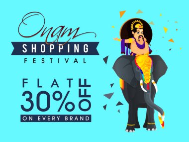 Onam Alışveriş Festivali Poster Tasarımı Kral Mahabali Fil Çizimi ve Cyan Arkaplanı Üzerine Biniyor.