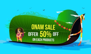 Onam Festival Sale Banner Design with King Mahabali on Snake Boat and Blue Background. clipart