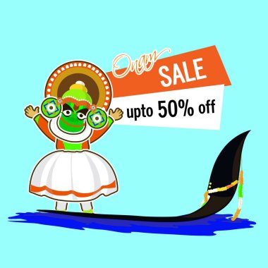 Onam Sale poster design with illustration of Kathakali Dancer standing on snake boat. clipart