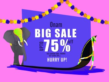 Onam Festival Sale Poster Design with Decorative Elephant, Snake Boat on Blue and Pink Background. clipart