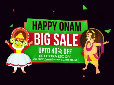 Mutlu Onam Büyük Satış Posteri Tasarımı Kathakali Dansçısı ve Kral Mahabali 'nin Kara Arkaplan Üzerine Resimleri.