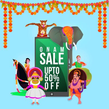 Onam Festival Sale Poster Design with Showing Tradition of Kerala and Floral Garland (Toran) Decorated on Blue Background. clipart