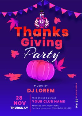 Şükran Günü partisi için hindi, balkabağı ve etkinlik detaylarıyla birlikte mor şablon ya da tasarım..