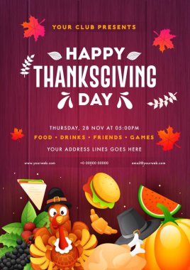 Mutlu Şükran Günü şablonları ya da el ilanları dizaynı hindi, balkabağı, tavuk ve meyveli ahşap arka planda.