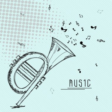 Yarıton Efekti Dekorasyonlu Müzik Notaları ile Tuba Trompeti Çizimi.