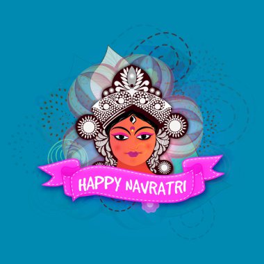 Mavi Arkaplanda Tanrıça Durga Suratlı Mutlu Navratri Poster Tasarımı.