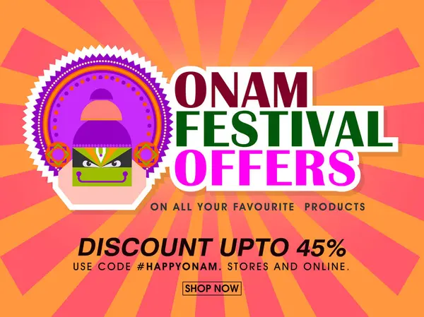 Onam Festivali Satılık Poster Tasarımı Yapıştırma Stili Kathakali Turuncu ve Kırmızı Işınlı Dansçı Arkaplanı.
