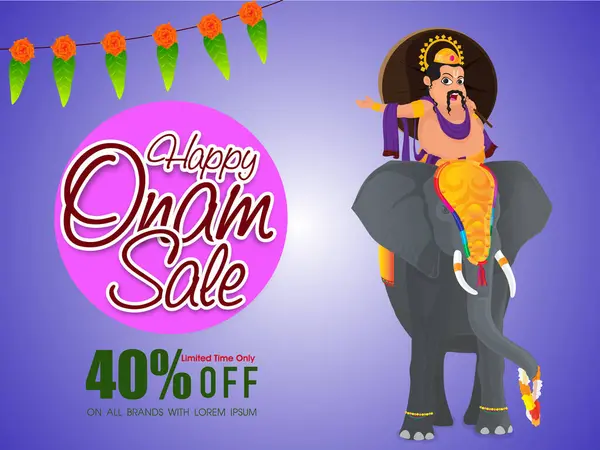 stock vector Onam Sale Poster Design with Maveli Character Riding on Elephant.