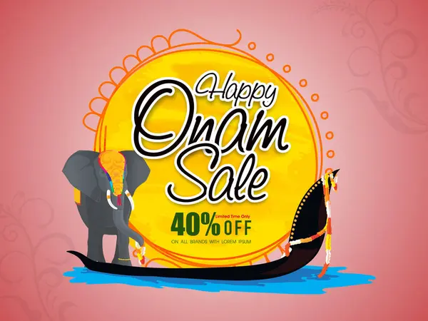 stock vector Happy Onam Sale Poster Design with Elephant Illustration and Snake Boat on Pastel Red Background.