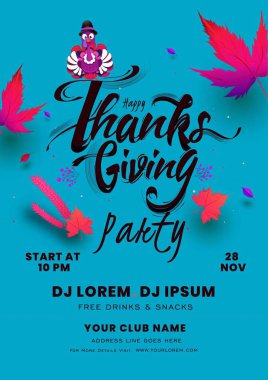 Şükran Günü partinin el yazısı hindi, sonbahar yaprakları ve davetiye kartı tasarımı için mavi arka planda etkinlik detayları..