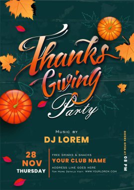 Şablon ya da el ilanı tasarımı kaligrafi metni Şükran Günü Partisi, balkabağı ve sonbahar yaprakları yeşil arka planda.