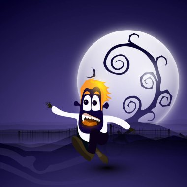 Mutlu Cadılar Bayramı Partisi için korkunç dolunay gecesinde koşan çizgi film canavarı çocuk..