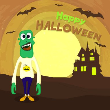 Mutlu Cadılar Bayramı Poster Tasarımı Çizgi Film Canavarı, Uçan Yarasalar, Perili Ev Sarı ve Kahverengi Arkaplan.