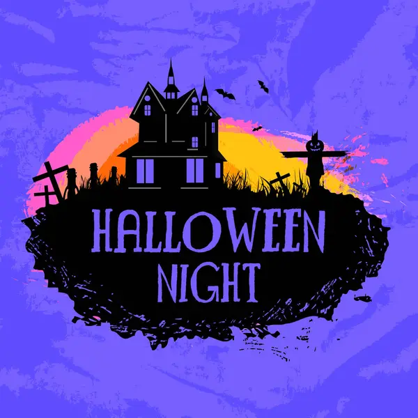 stock vector Halloween Night Party Poster with Haunted House, Cross Graveyard and Brush Stroke Texture on Purple Background.