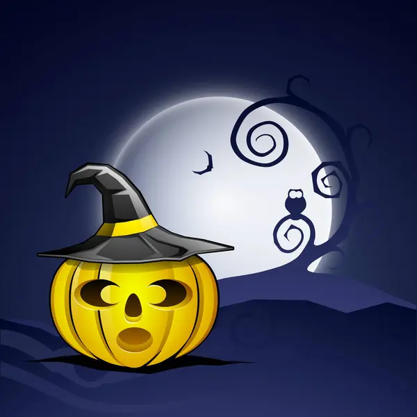 stock vector Scary pumpkin with witch hat on full moon night background for Happy Halloween Party celebration.