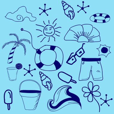 Doodle Tarzı Yaz Sahil Simgeleri Mavi Arkaplanda Ayarlandı.