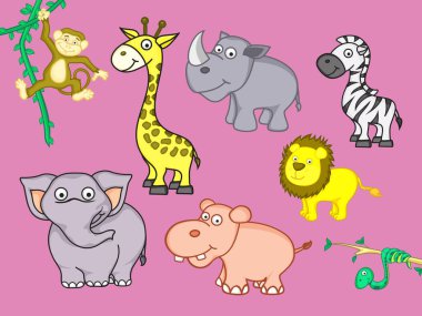 Pembe arka planda zürafa, zebra, su aygırı, aslan, fil, yılan, maymun ve gergedan seti de var..