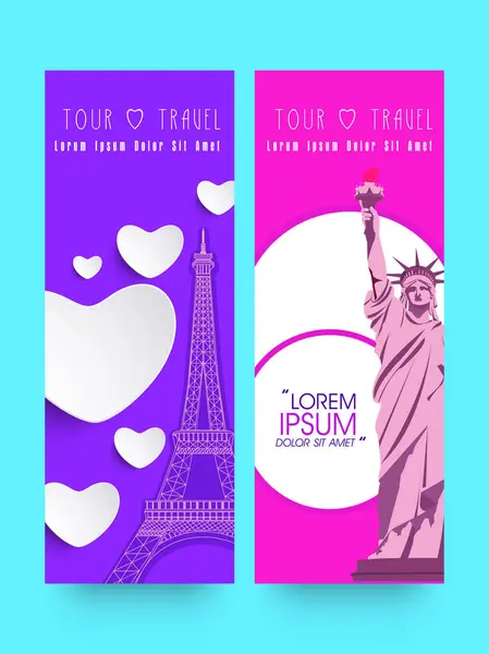 stock vector Social Media Standee Poster Design Set with Eiffel Tower, Statue of Liberty for Tour and Travel Concept.