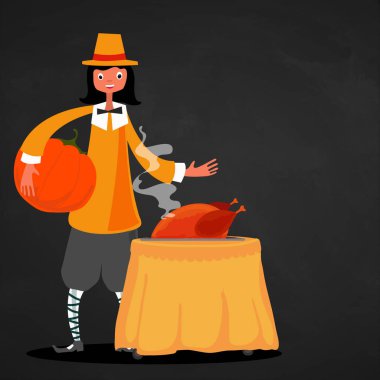 Çizgi filmdeki genç çocuk hacı gibi giyinmiş büyük balkabağı ve pişmiş tavukla Şükran Günü 'nü kutluyor..