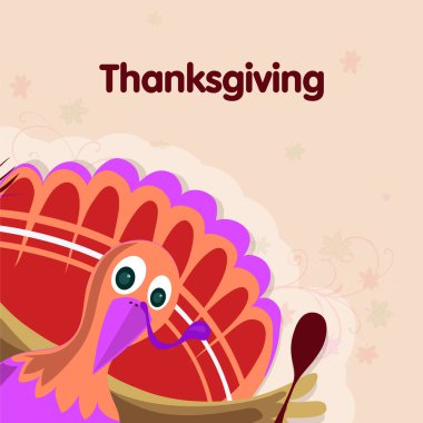 Şükran Günü Kutlama Kartı, Renkli hindi karikatürlü çıkartma tasarımı Bej arkaplanda izole edilmiş karikatür.