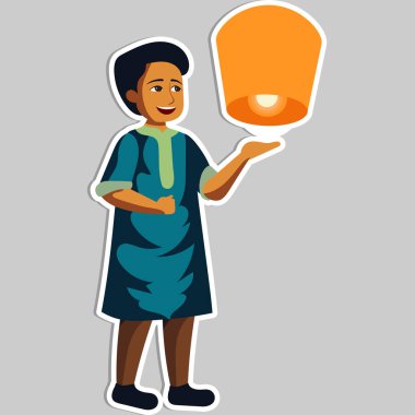 Sticker Style Young Indian Boy Character Flying Lit Sky Lantern at Diwali Festival on Grey Background. clipart