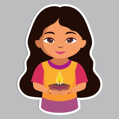 Neşeli Hintli Kız Karakteri, Gri Arkaplanda Yapıştırma Stili Aydınlatılmış Diwali Diya.