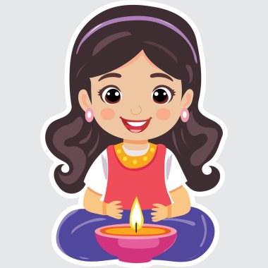 Gri Arkaplan Üzerine Aydınlatılmış Yağ Lambası (Diwali Diya) ile Çıkartma Tarzı Hint Kız Karakteri.