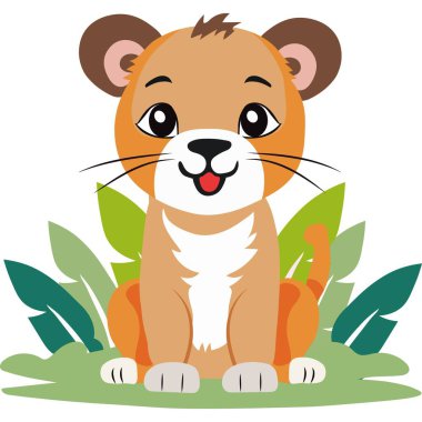 Cute Cartoon Lion Cub Character Sitting on Nature Background. clipart