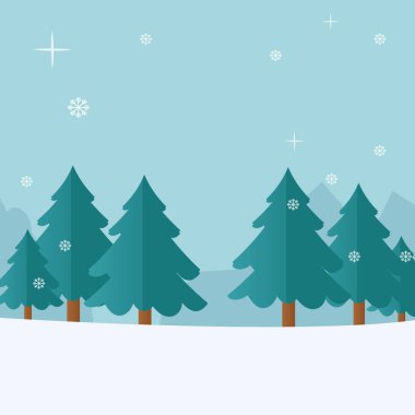 Harika kar yağışı Noel ağacı manzarası Mutlu Noeller ve Mutlu Yeni Yıl vektör ilüstrasyonları için arka plan.