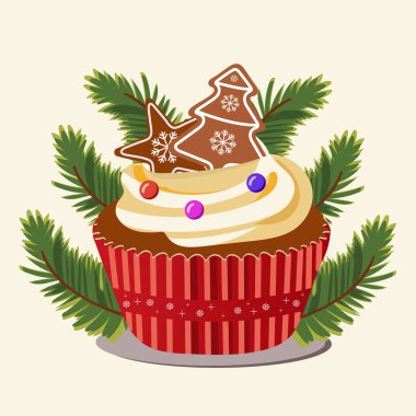 Pastel Sarı Arkaplanda Mutlu Noeller Festivali için zencefilli kek ve fide yaprakları.