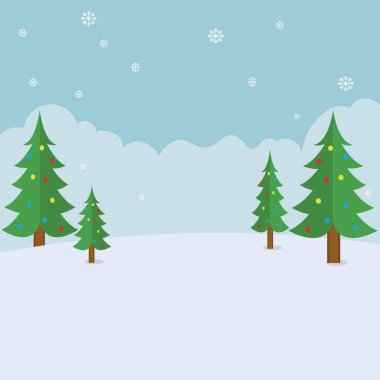 Harika kar yağışı Noel ağacı manzarası Mutlu Noeller ve Mutlu Yeni Yıl vektör ilüstrasyonları için arka plan.