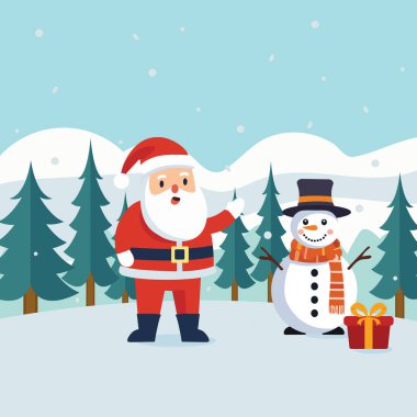 Mutlu noel kutlamaları mutlu noel baba cümleleri, kardan adam ve hediye kutusu kar ağacı arka planında.