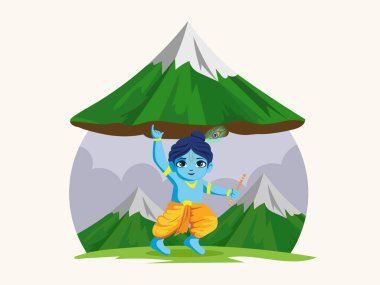 Avatar of Cute Lord Krishna Lifting Govardhan Mountain with His Little Finger on the Occasion of Govardhan Puja After Diwali, Can Be Used for Greeting Card. clipart