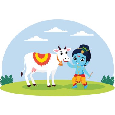 Child Incarnation of Lord Krishna Caressing a Cow in a Field Illustration. clipart